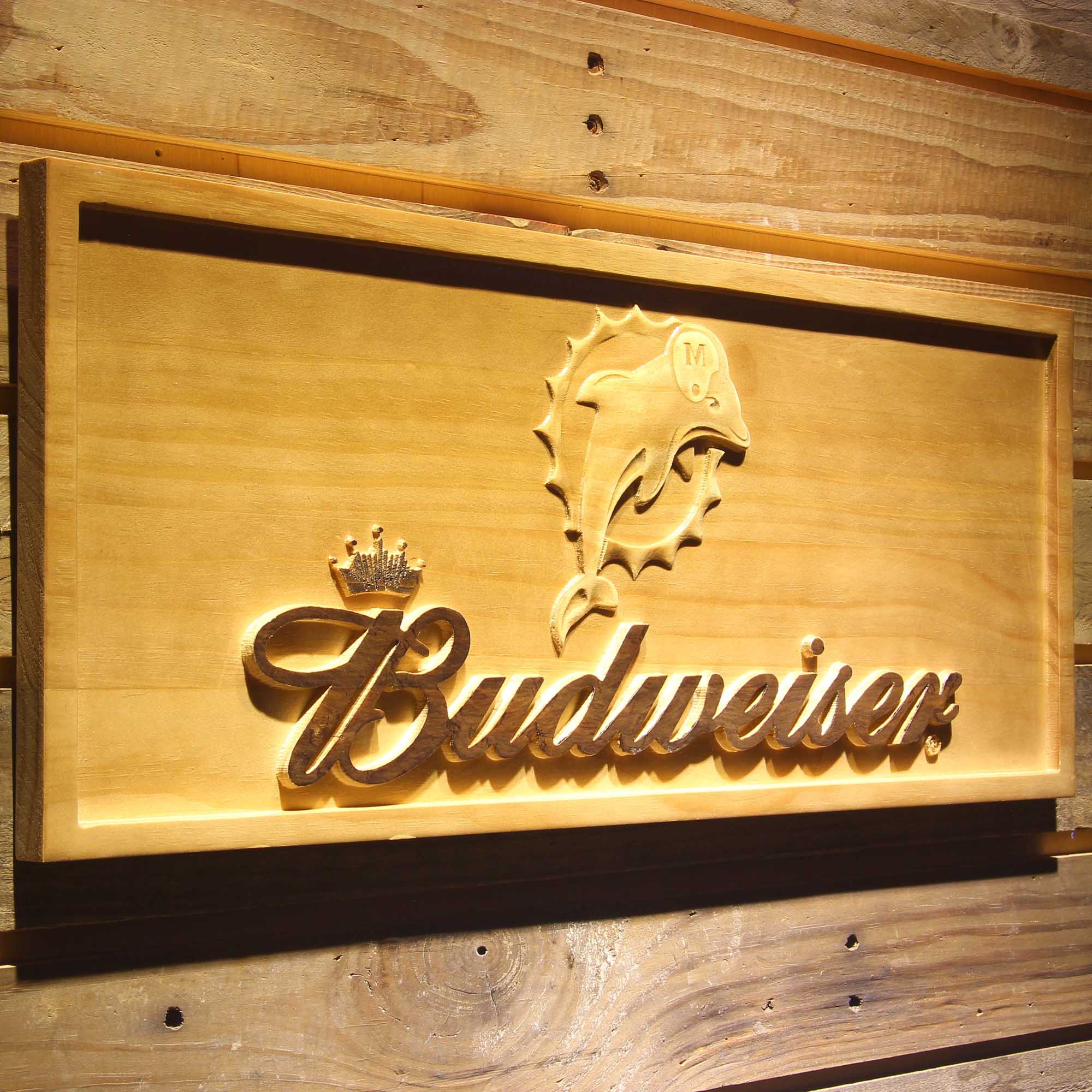 Miami Dolphins Budweiser Beer Pub 3D Wooden Engrave Sign