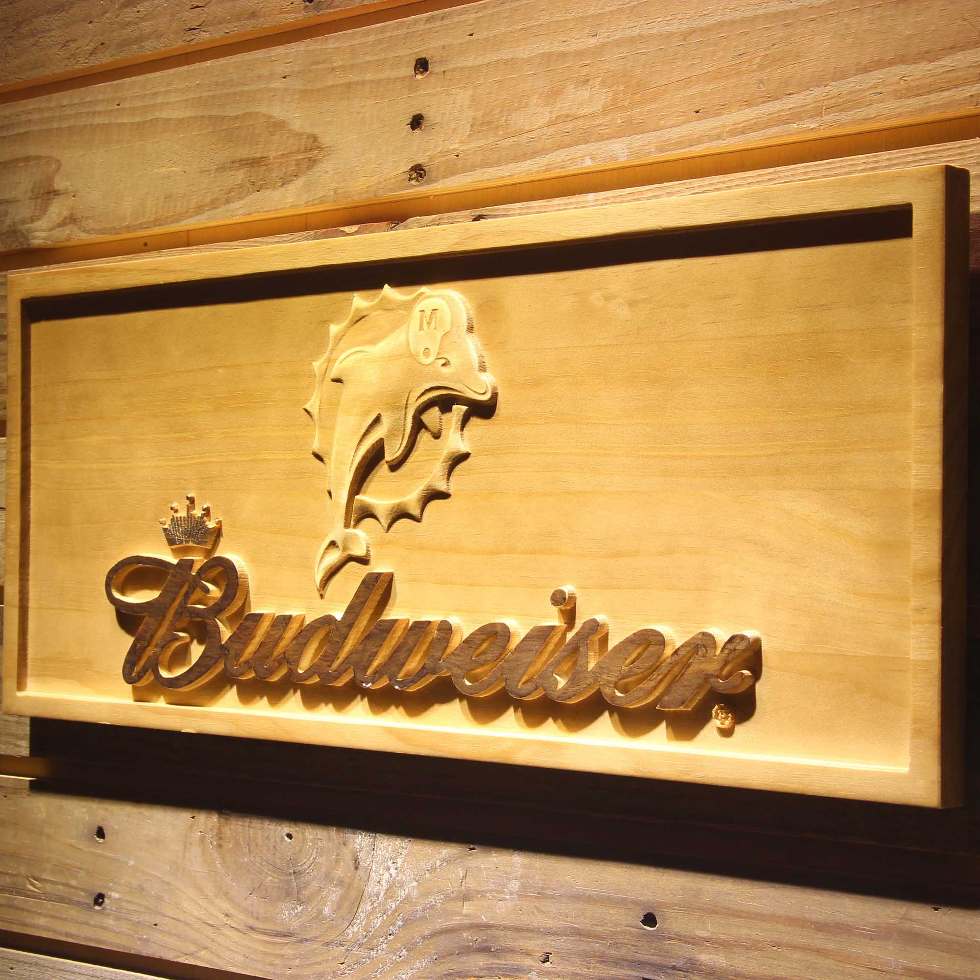 Miami Dolphins Budweiser Beer Pub 3D Wooden Engrave Sign