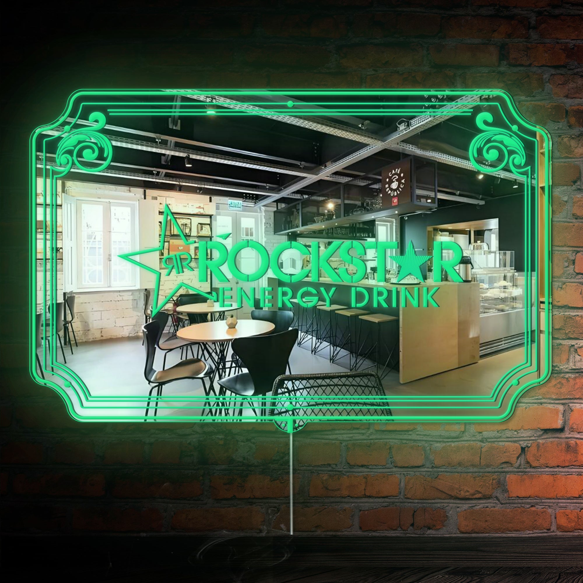 Rockstar Energy Drink RGB LED Neon Sign with Elegant Mirror Backing