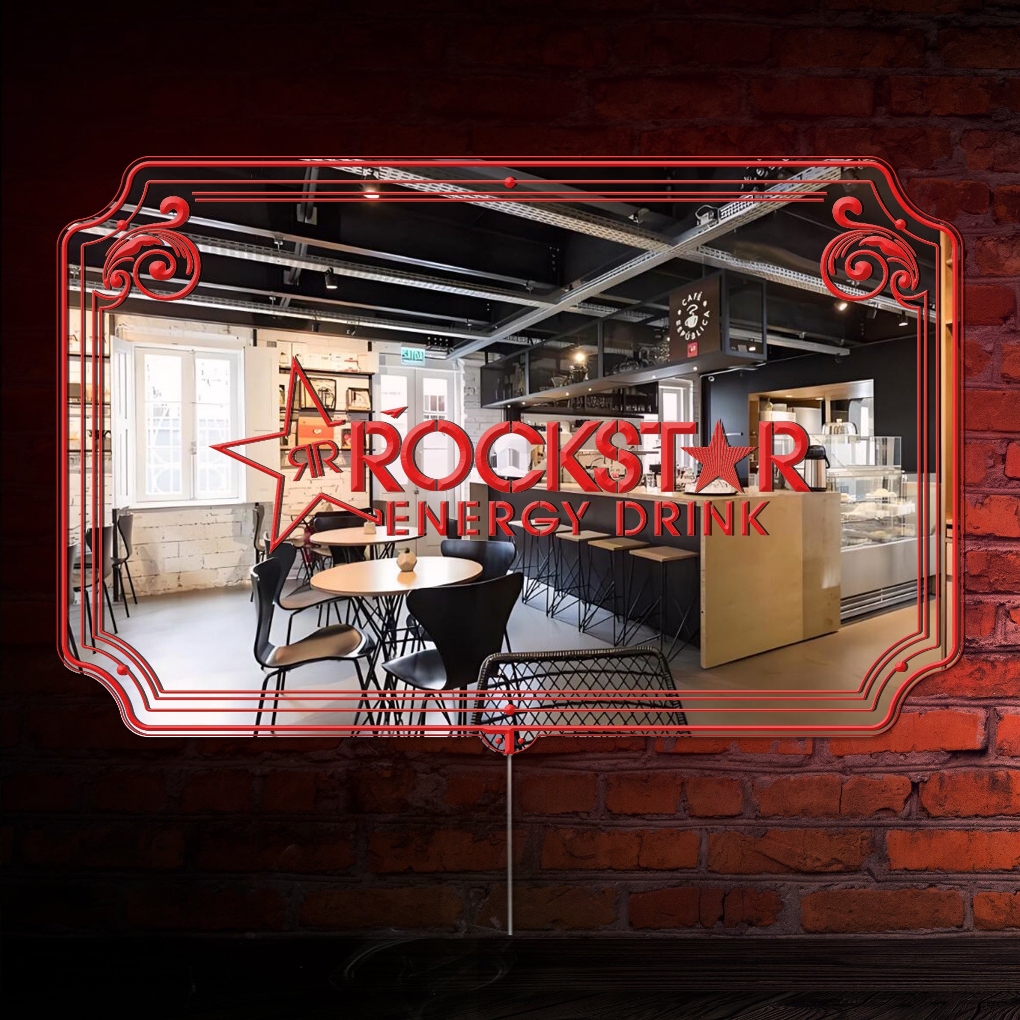 Rockstar Energy Drink RGB LED Neon Sign with Elegant Mirror Backing