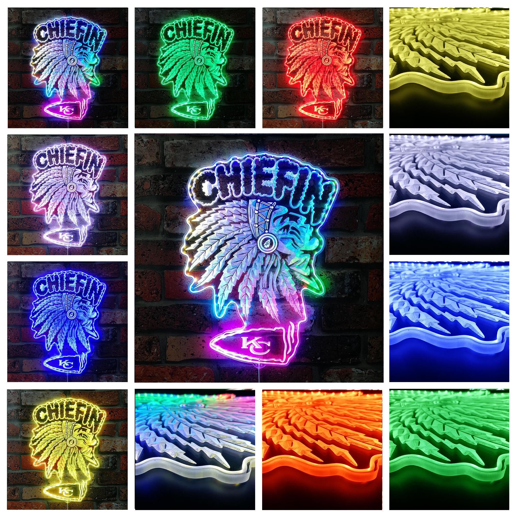 Kansas City Chiefs Chiefin with Head Dress Dynamic RGB Edge Lit LED Sign