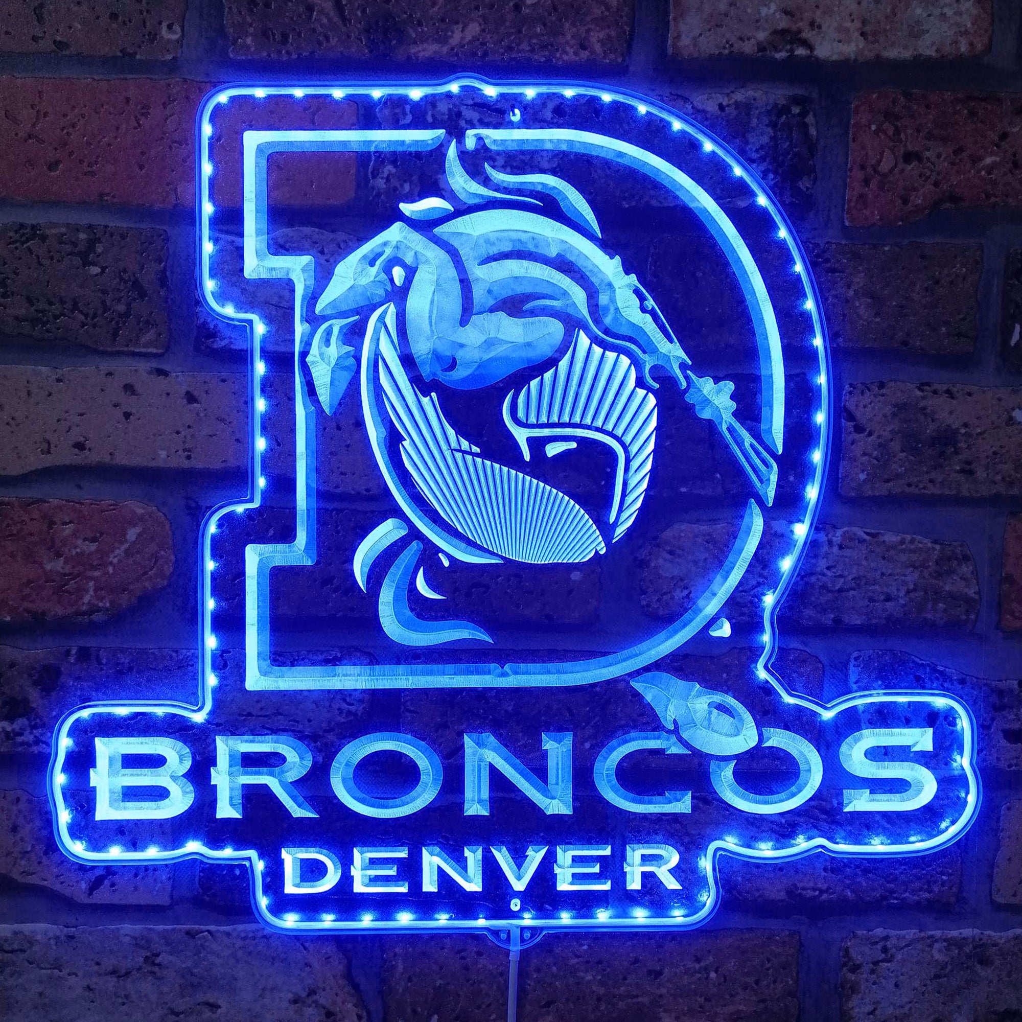 Denver Broncos Logo with Bronco in Center of Denver D Dynamic RGB Edge Lit LED Sign