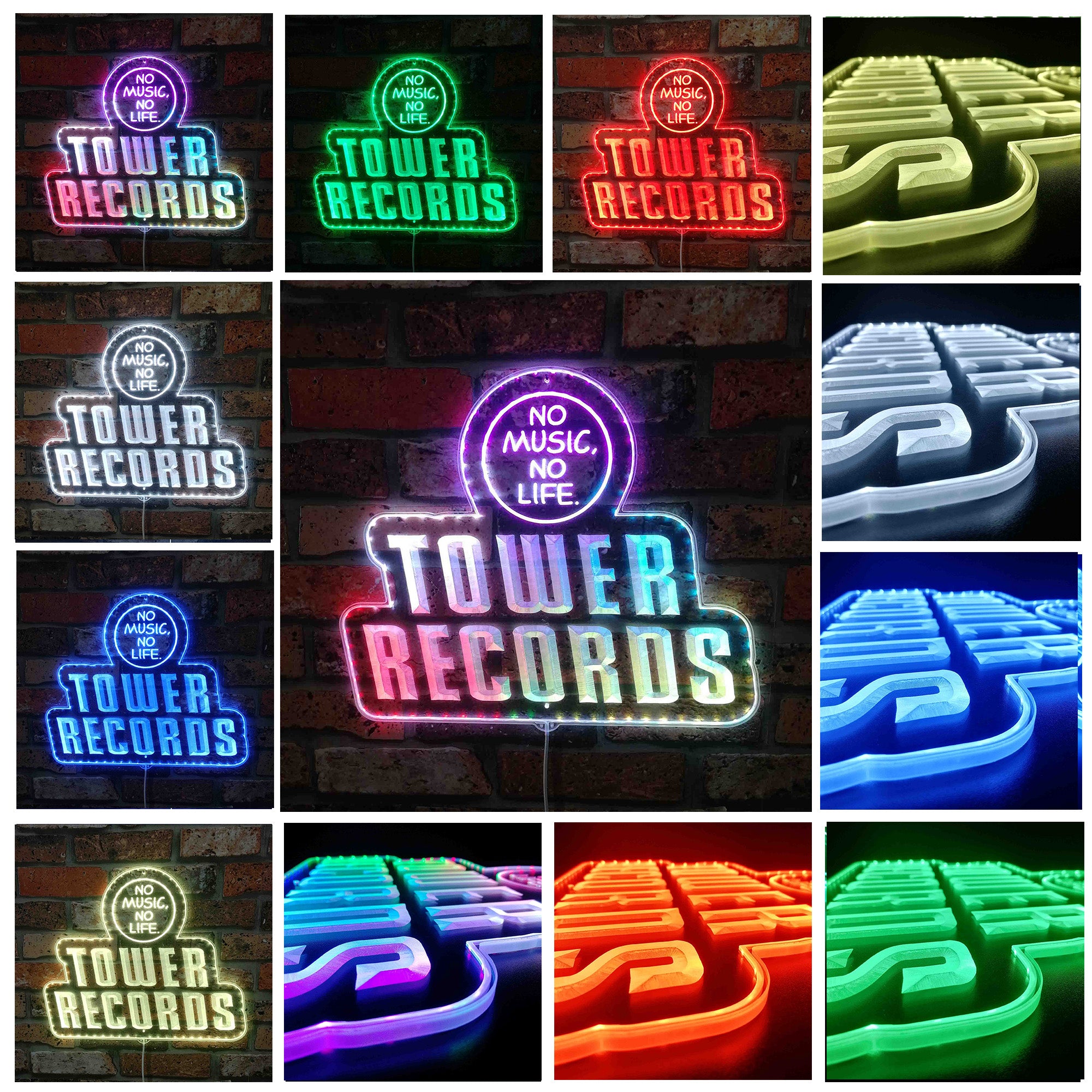 Tower Records No Music No Life Neon LED Sign with Dynamic RGB Colors