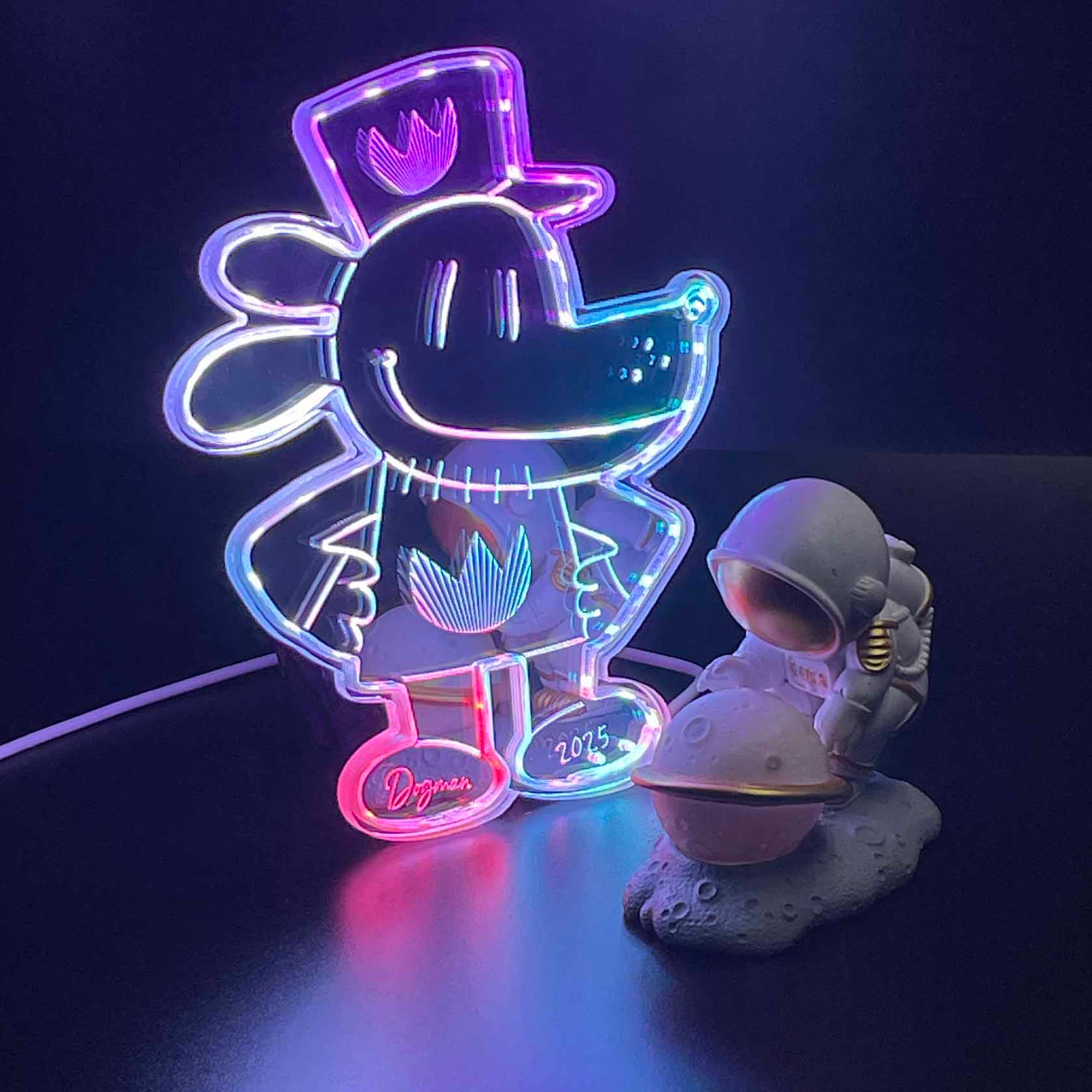 Dog man comic book  Neon LED Sign with Dynamic RGB Colors Mirror Backing