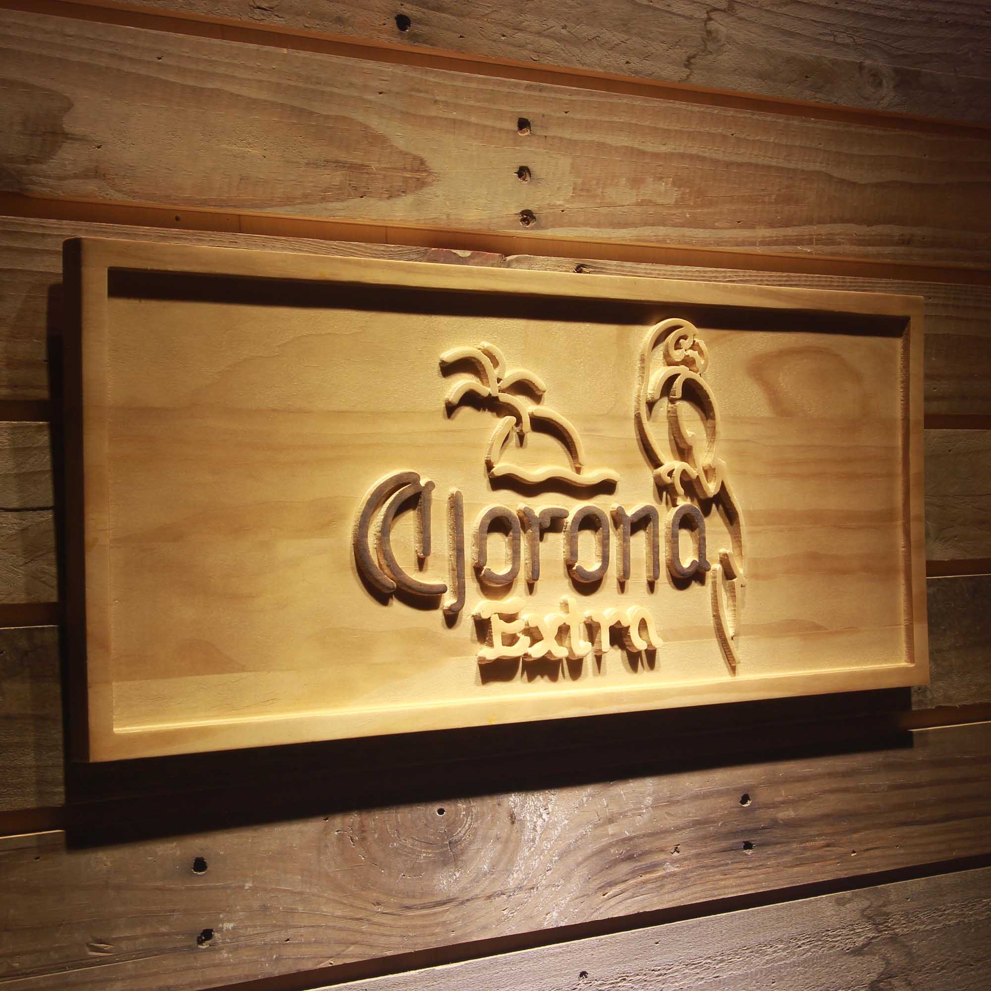 Corona Extra - Parrot Beer Open Bar 3D Wooden Engrave Sign