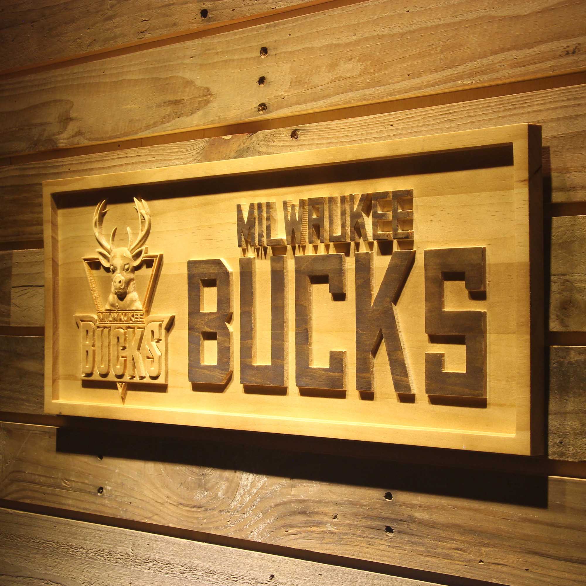 Milwaukee Bucks Basketball Man Cave Sport 3D Wooden Engrave Sign