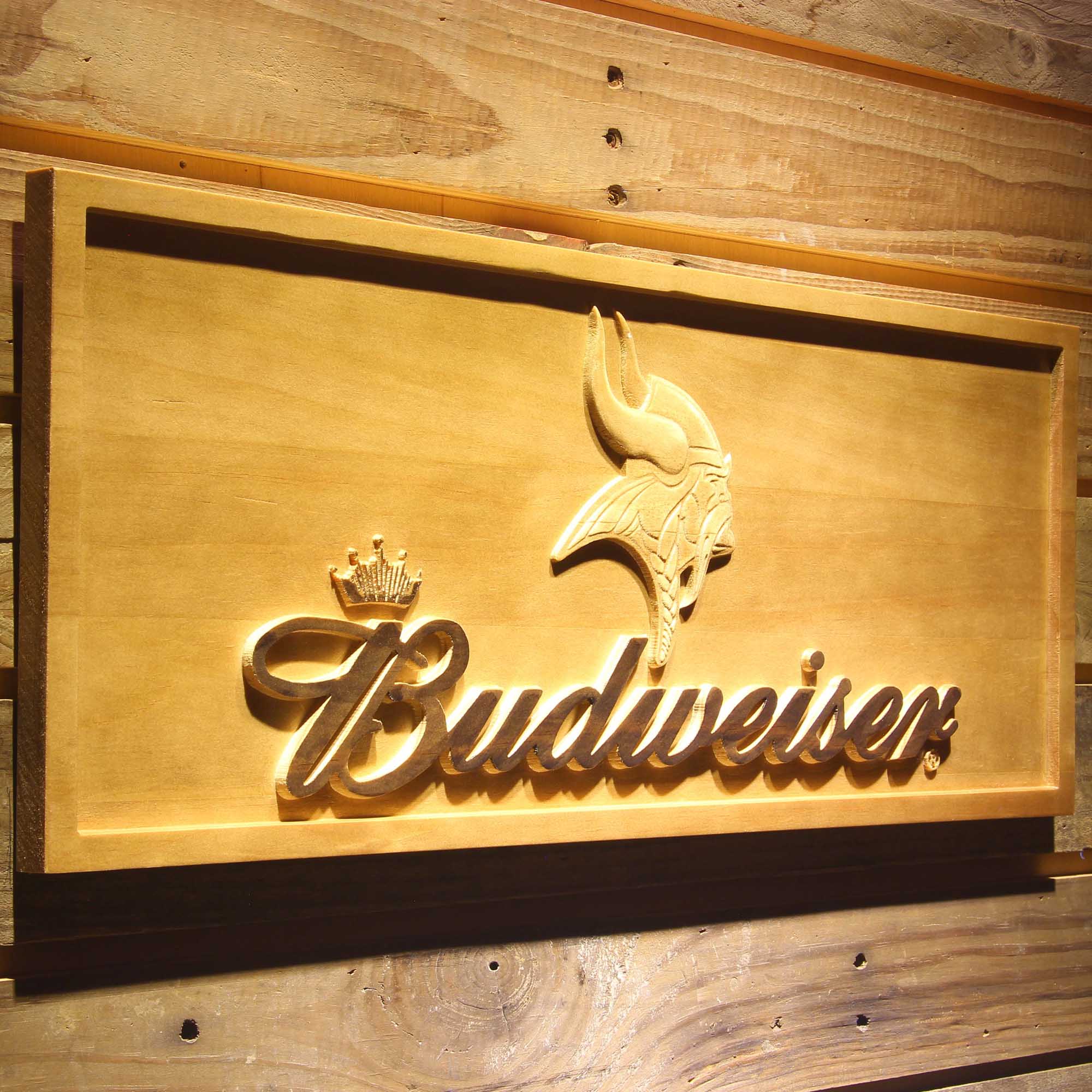 Minnesota Vikings Budweiser 3D Wooden Engrave Sign