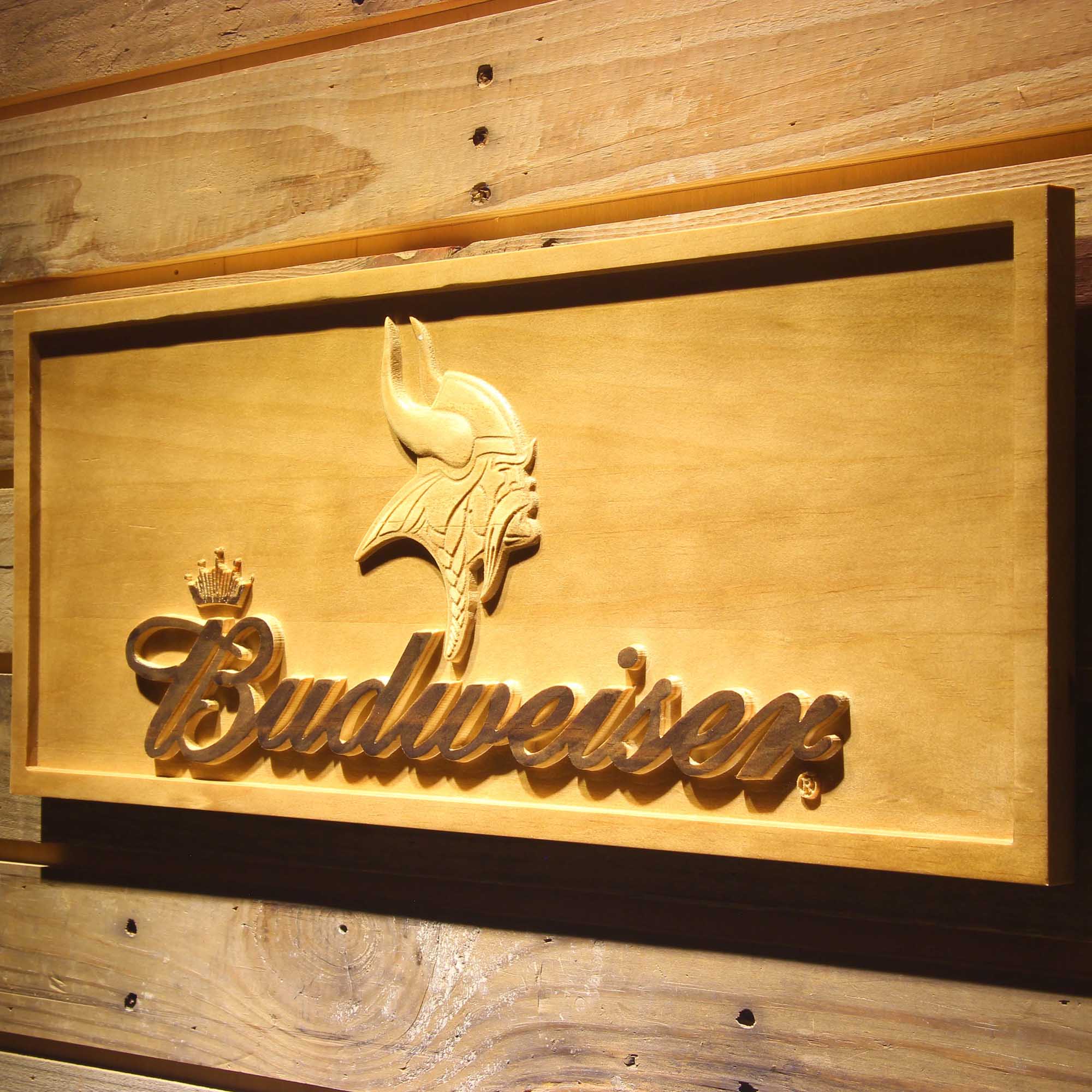 Minnesota Vikings Budweiser 3D Wooden Engrave Sign