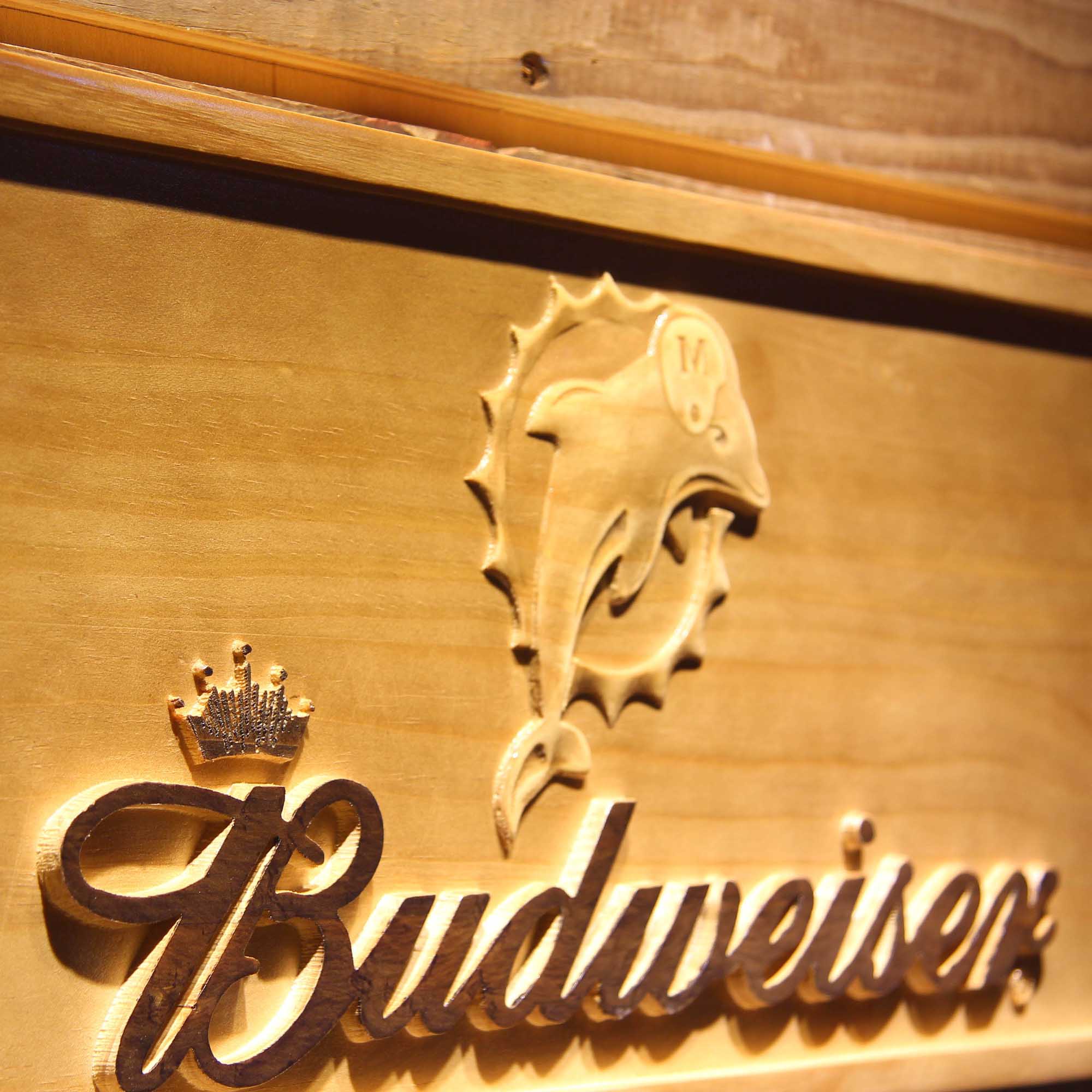 Miami Dolphins Budweiser Beer Pub 3D Wooden Engrave Sign