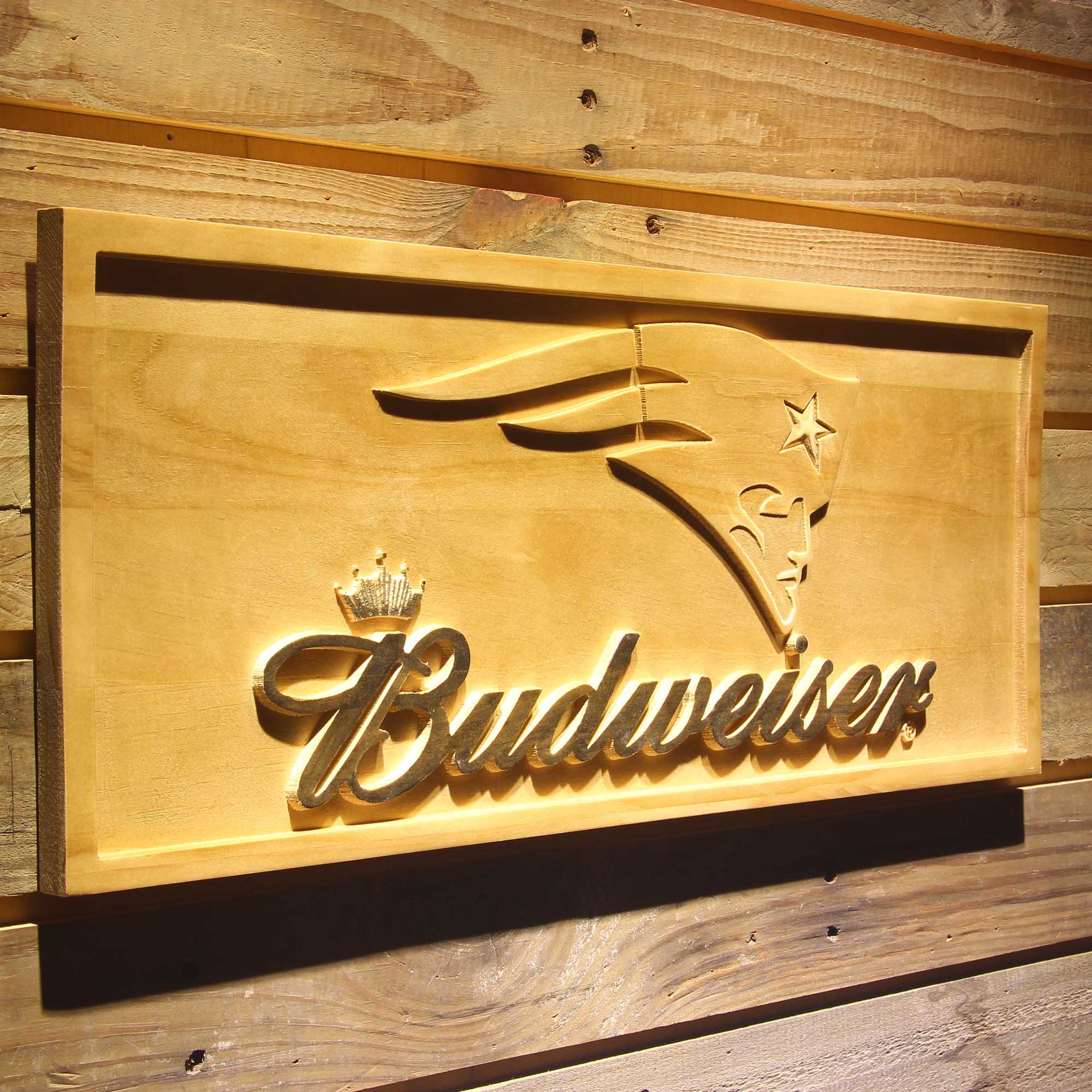 New England Patriots Budweiser 3D Wooden Engrave Sign