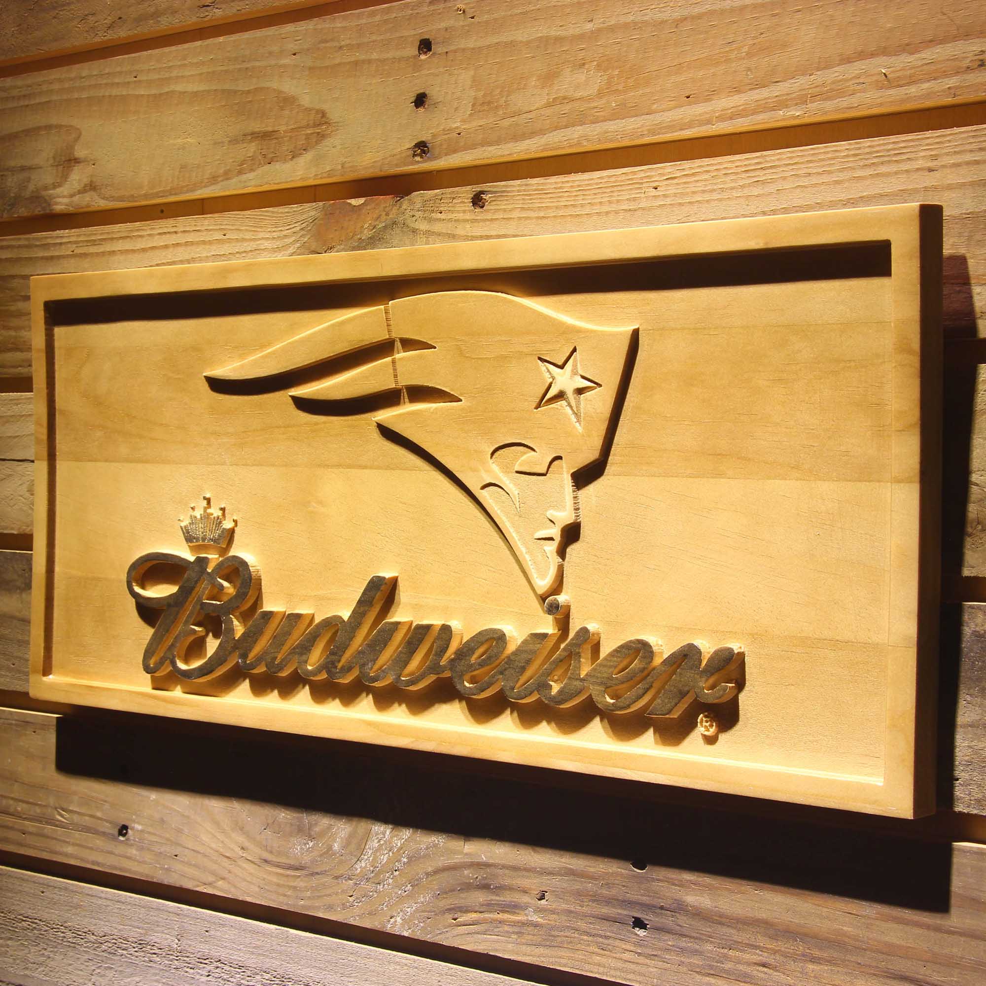 New England Patriots Budweiser 3D Wooden Engrave Sign